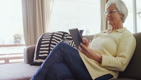 grandmother seating on sofa and using tablet 4k 4k