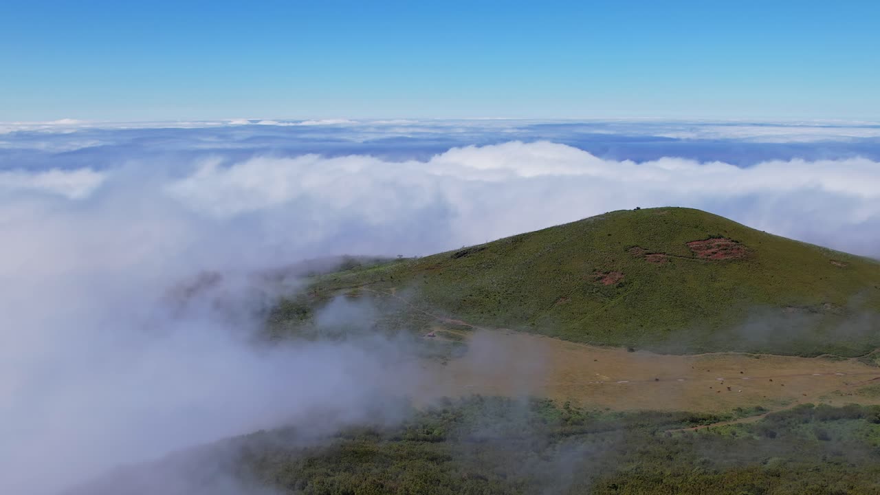 Majestic aerial view of Madeira's lush landscapes above the clouds