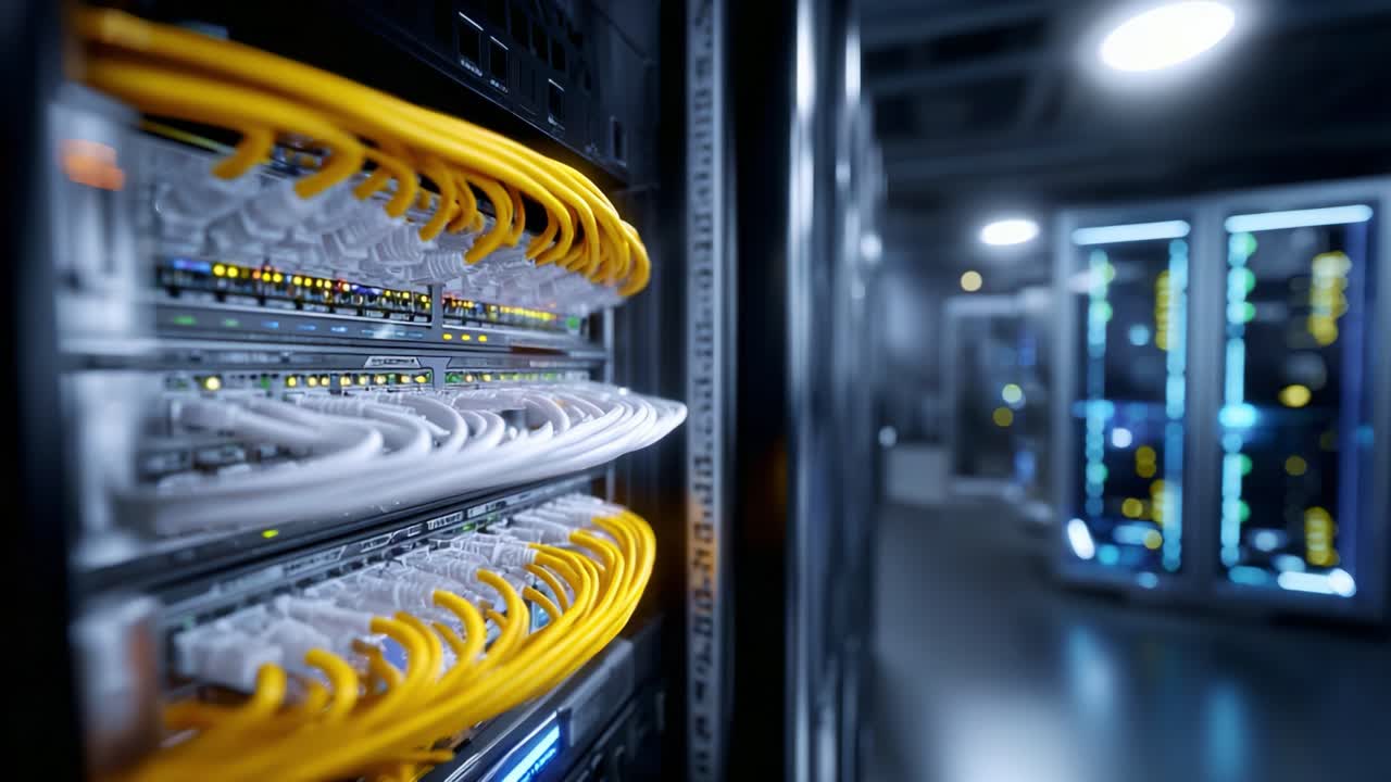 Primo piano di cavi di rete in un moderno data center, che mostra l'organizzazione e la connettività nell'infrastruttura tecnologica del server