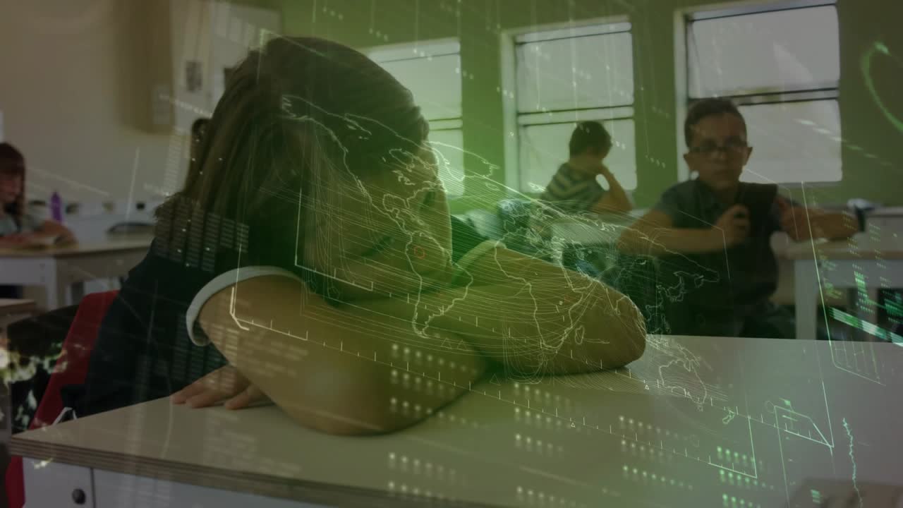 Girl resting while classmates shifting, writing in class, green map overlay appearing over desks
