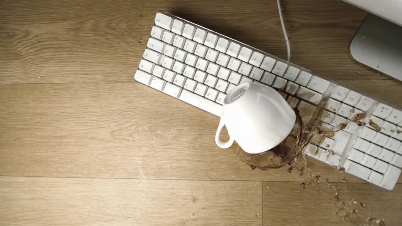 Cup of tea spilled out over a white keyboard