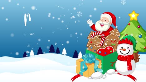 santa animado y el hombre de nieve decorando un árbol de navidad.
