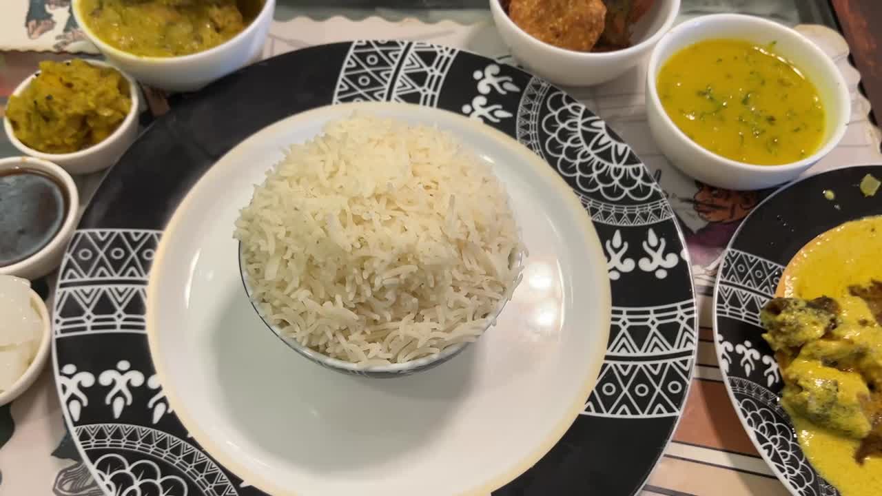 Traditional Bengali food platter served in Poila Boisakh in a restaurant in Kolkata