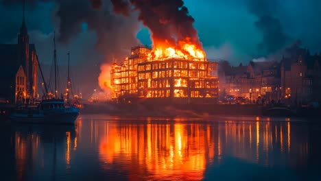 a large building on fire in the middle of a body of water