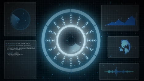 Animation of data processing and scope scanning on black background