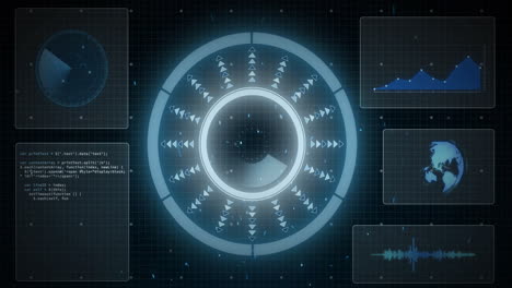 animation of data processing and scope scanning on black background