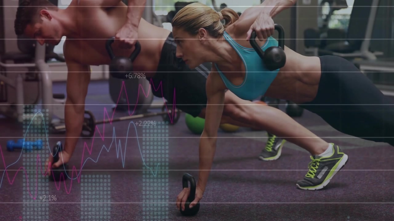 Partners initiating fitness renegade row on gym floor, generating animated performance metrics