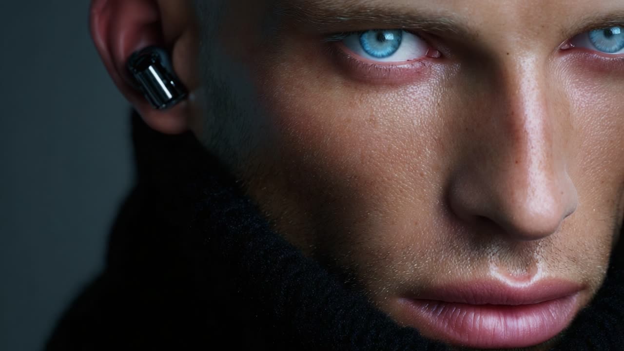 Close-Up of a Male Model Showcasing Intense Expression with Stylish Earbuds, Highlighting Unique Facial Features Under Dramatic Lighting in a Fashion-Forward Presentation