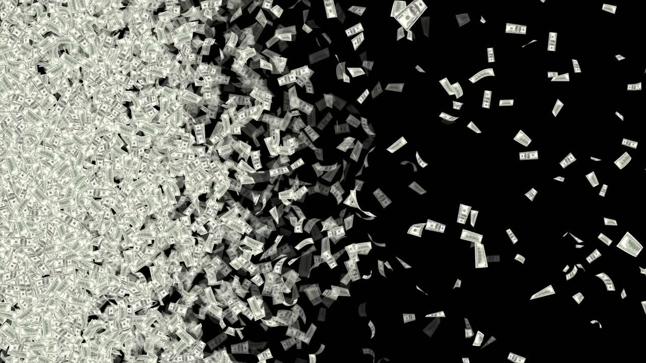 Business finance waste and concept close up of money flying over black background falling money