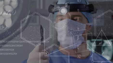 animation of blocks, formulas and hexagons over caucasian male surgeon