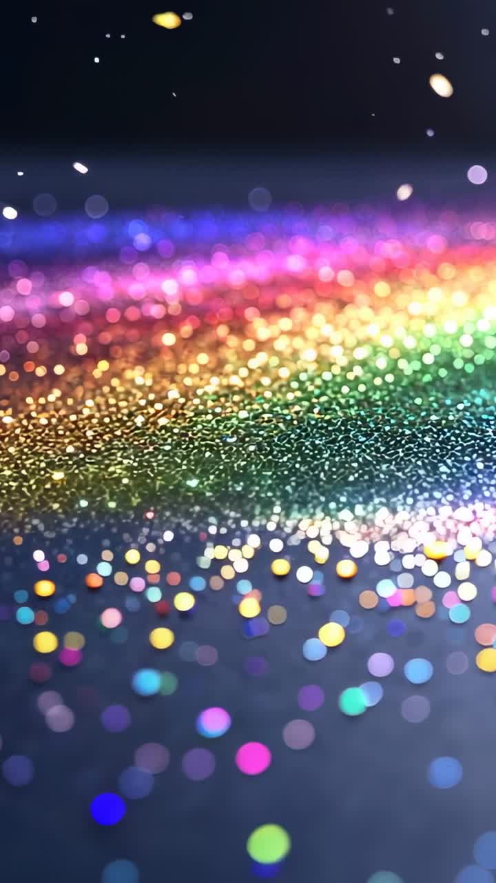 Vertical video: Opening showing rainbow glitter floating, white dust drifting for shimmer in studio