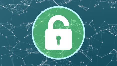 elemento gráfico de movimiento inteligente de un logotipo de seguridad de sistema circular con candado, pirateado y desbloqueado, pasando de rojo a verde, en un fondo de estilo plexo