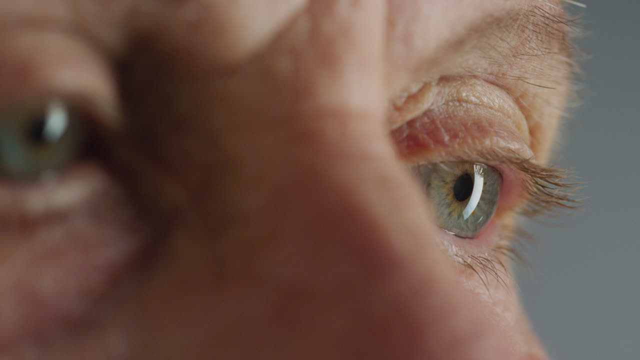 클로즈업 매크로 파란 눈은 호기심을 찾는  ⁇ 은 여자 건강한 중년 시력 개념