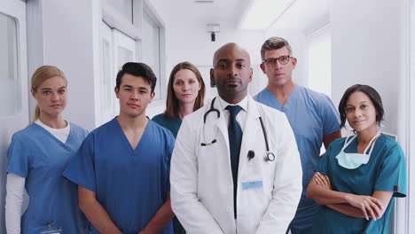 portrait of multi-cultural medical team standing in hospital corridor