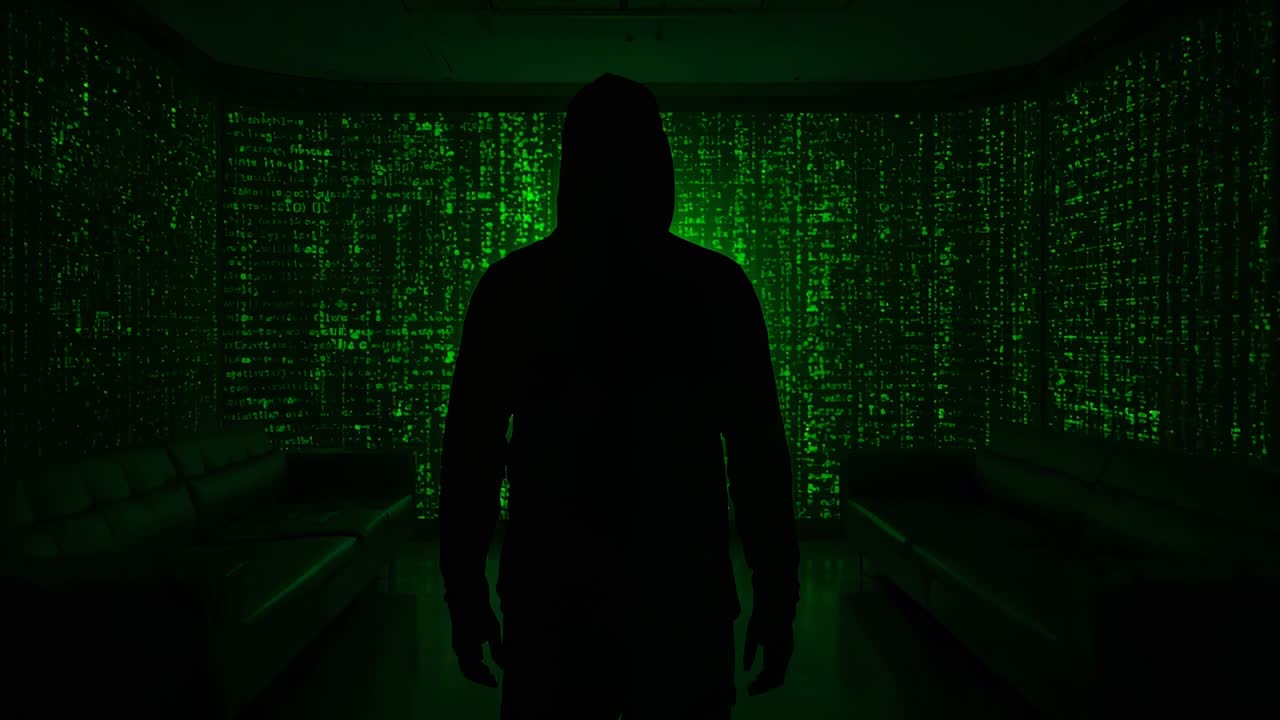 Increasing green backlight showing silhouette of man in hoodie standing facing camera in code room