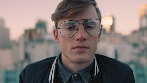 portrait handsome young caucasian man with freckles on rooftop at sunset wearing glasses looking confident in urban city background