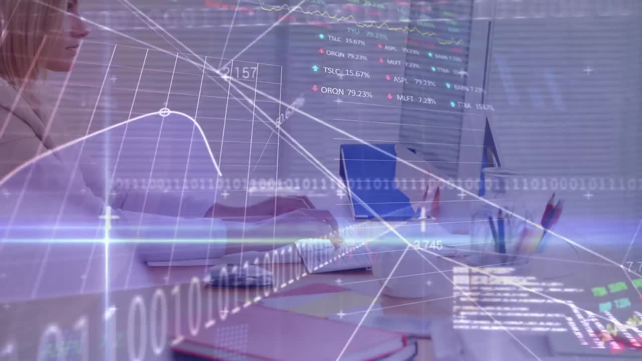 Animation of binary coding and financial data processing over caucasian businesswoman in office