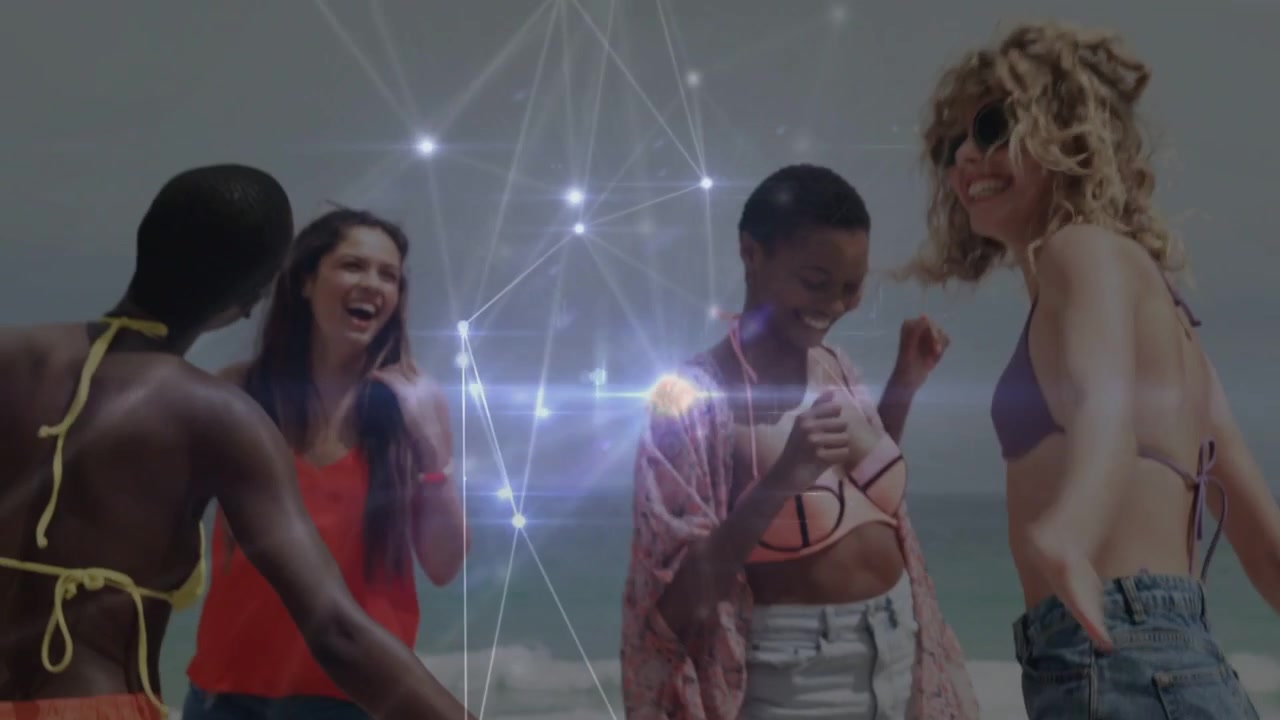 Four women dancing at shore, node-line overlay brightening and linking movements for marketing