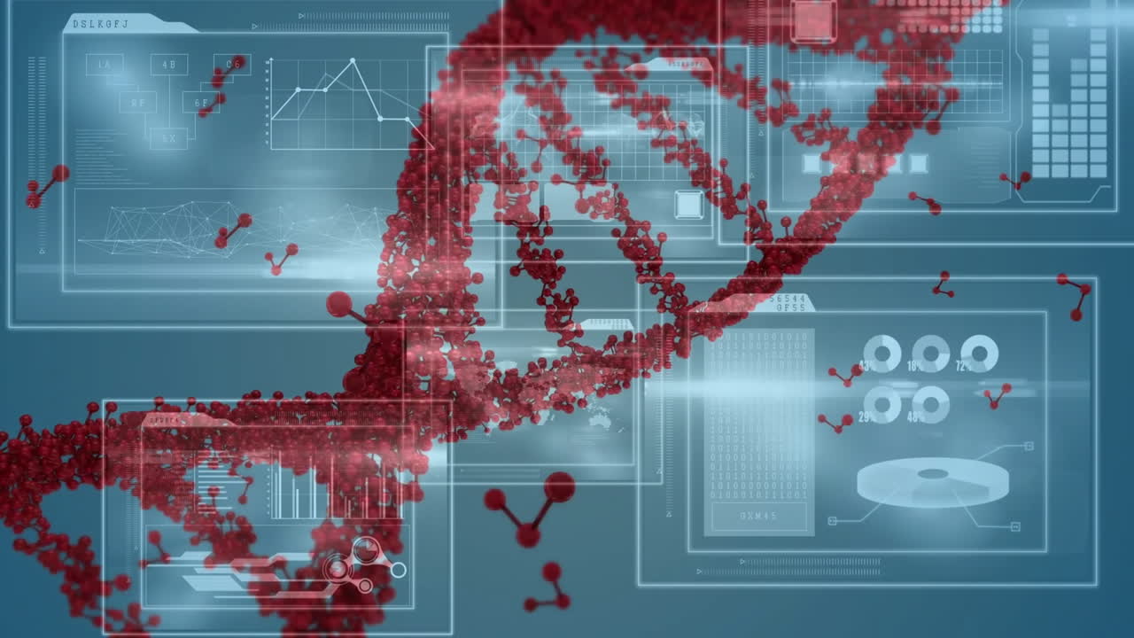 파란색 배경에서 데이터 처리에 대한 dna 가닥의 애니메이션