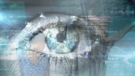 Animation-of-eye-and-data-processing-with-globe-over-diverse-doctors