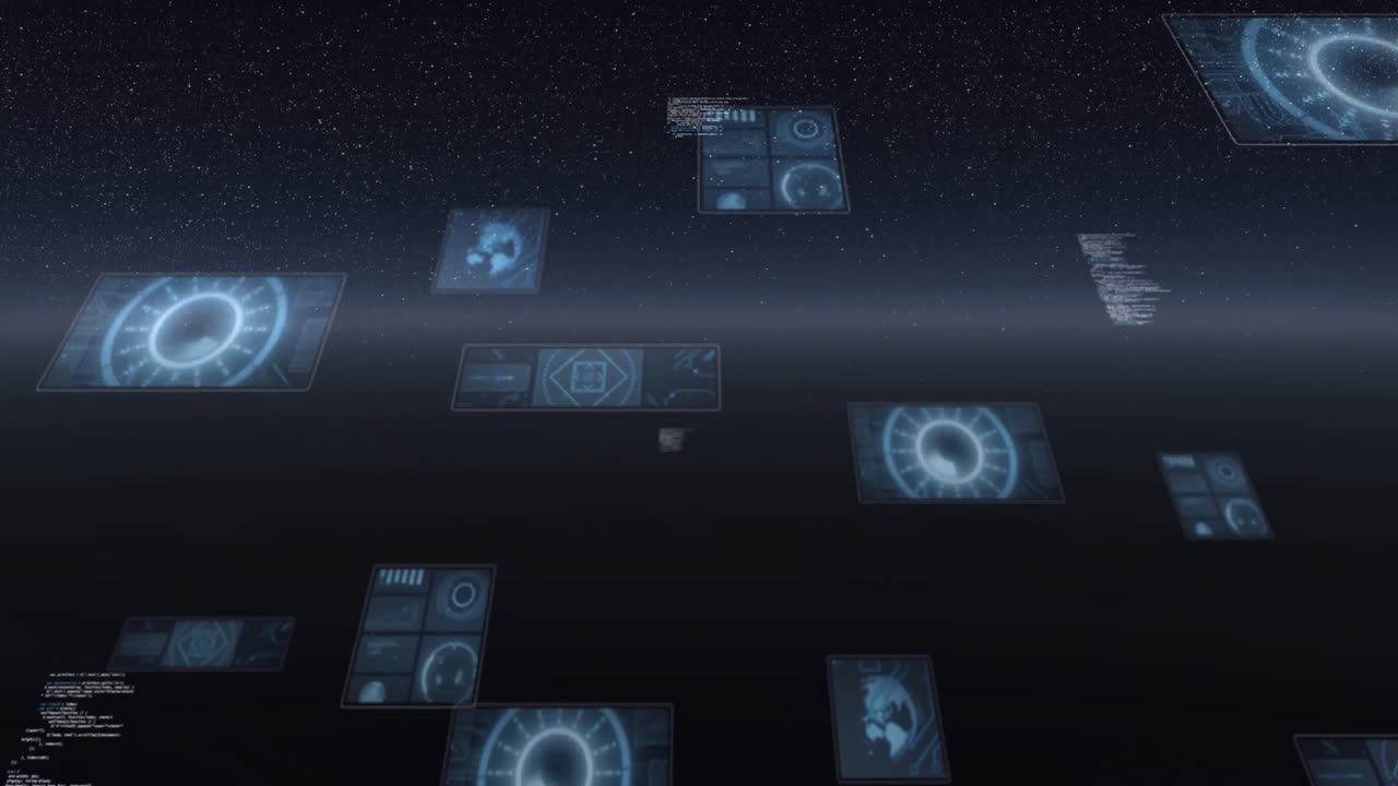 Animation of scope scanning, statistics recording, globe spinning and data processing on screens