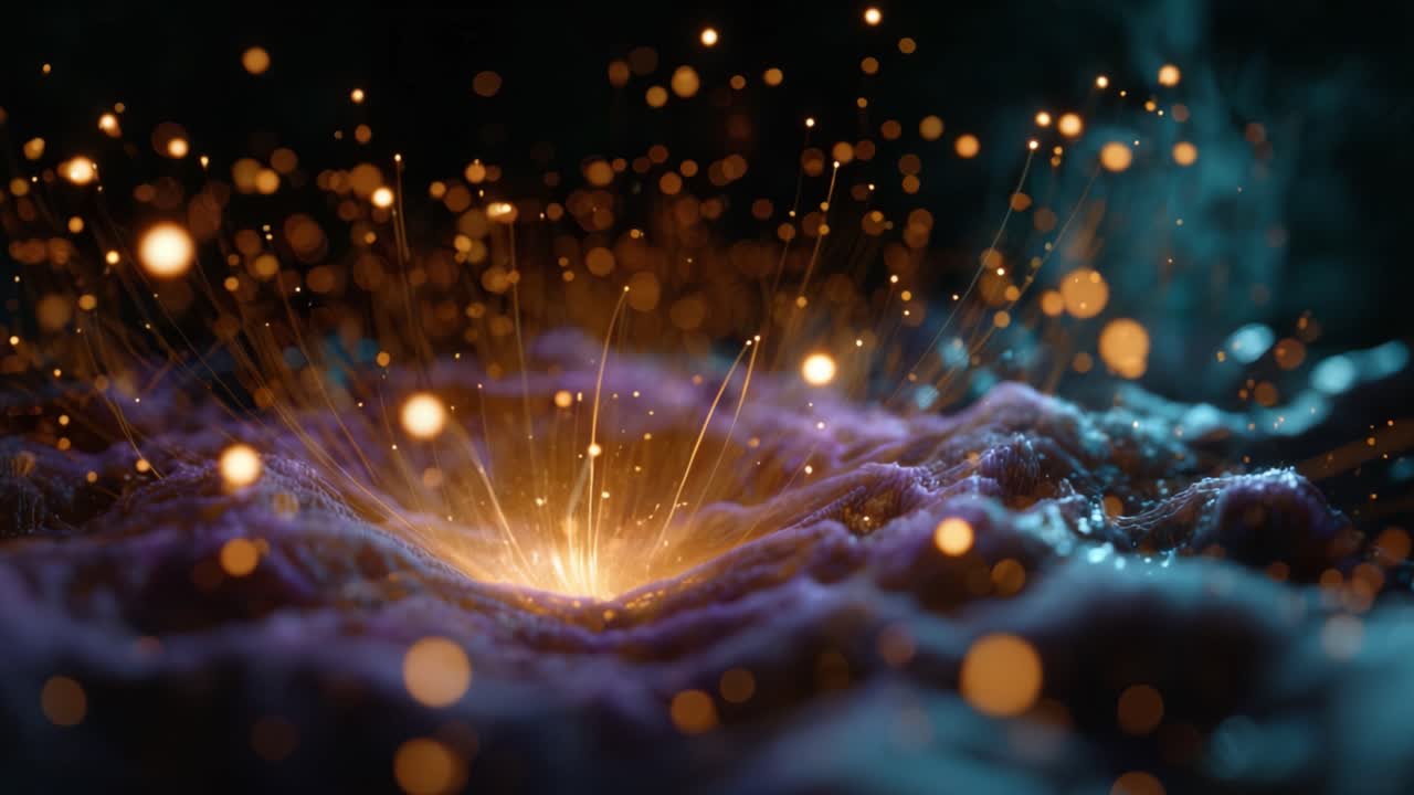 Una rappresentazione visiva mozzafiato di una vibrante esplosione di energia, che mostra onde di tonalità viola e blu drammaticamente illuminate da innumerevoli particelle scintillanti.