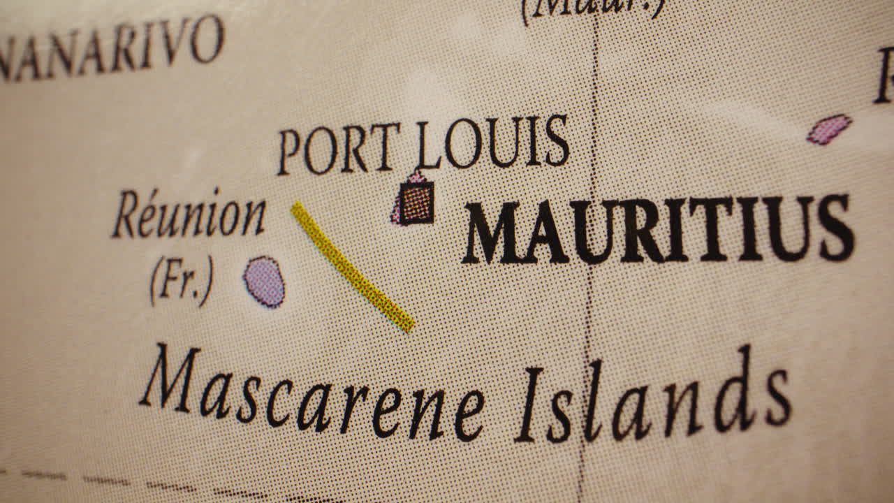 Close-up view of a map showing Mauritius and the Mascarene Islands