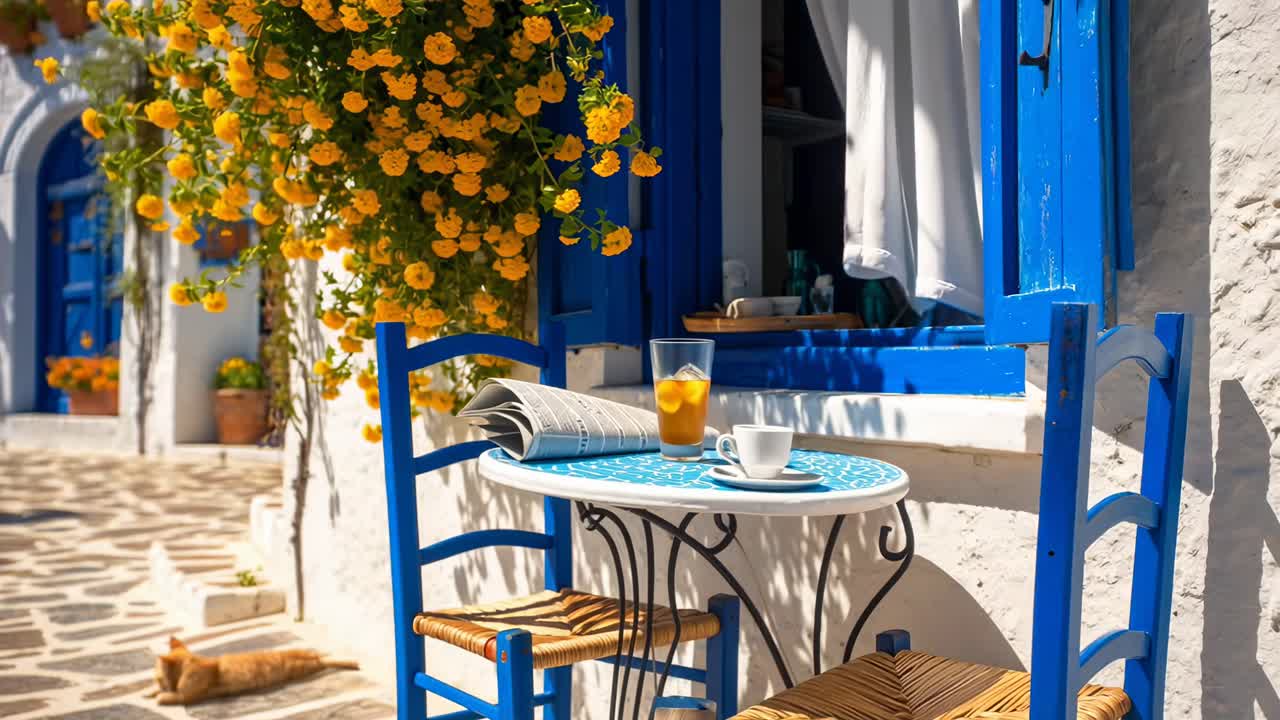 Affascinante scena di un bar mediterraneo, angolazione ad altezza occhi, colori vivaci. Perfetto per video di viaggi, Live