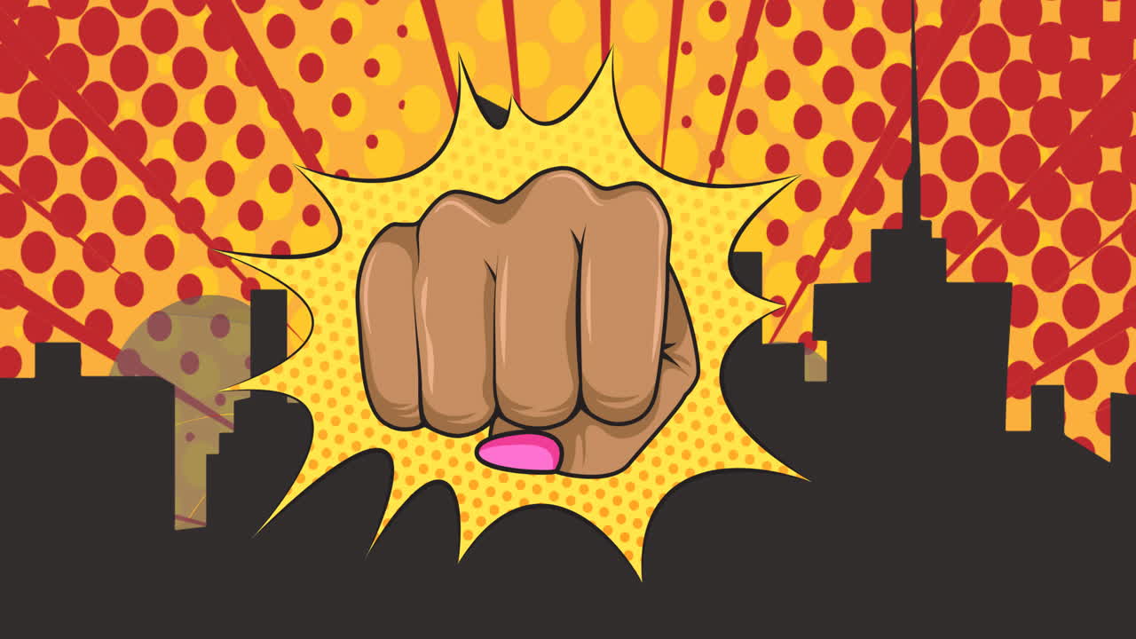 animación de puños femeninos, sobre el paisaje urbano