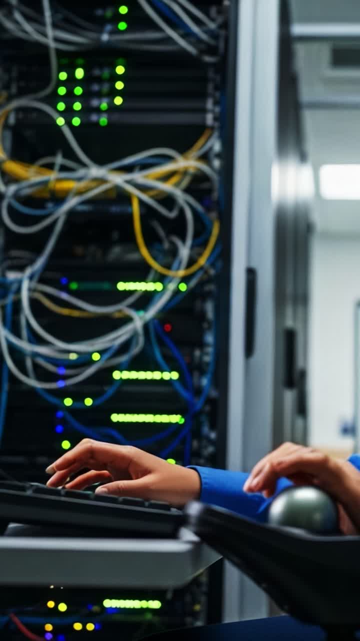 Operazioni del centro dati: primo piano di mani che digitano su una tastiera di fronte a rack di server con luci colorate e apparecchiature di rete in un ambiente moderno