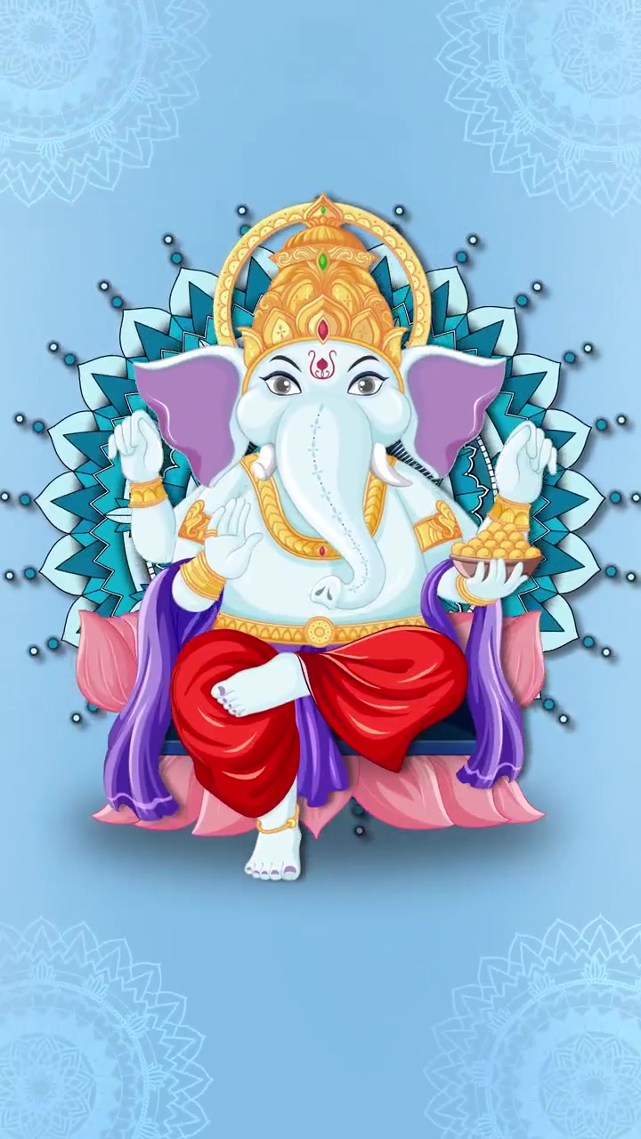 Una divinità elefante stilizzata appare sopra un mandala rotante su uno sfondo verticale blu.