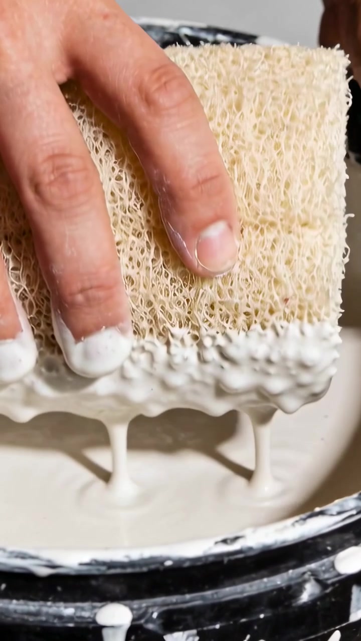 Vertical video: Hand dipping sponge into white paint at work for painting, forming black-rim drips