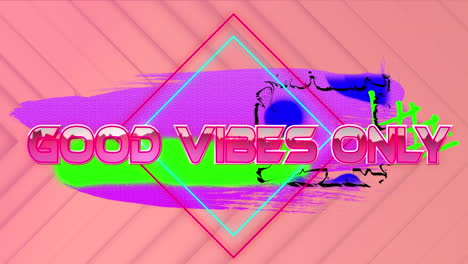 animación de buenas vibraciones gráficas sólo texto con formas cuadradas sobre banner de neón en fondo de melocotón