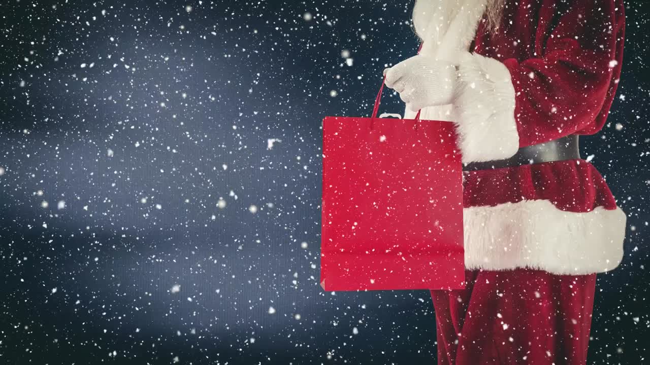 santa claus sosteniendo una bolsa de compras combinada con la caída de nieve