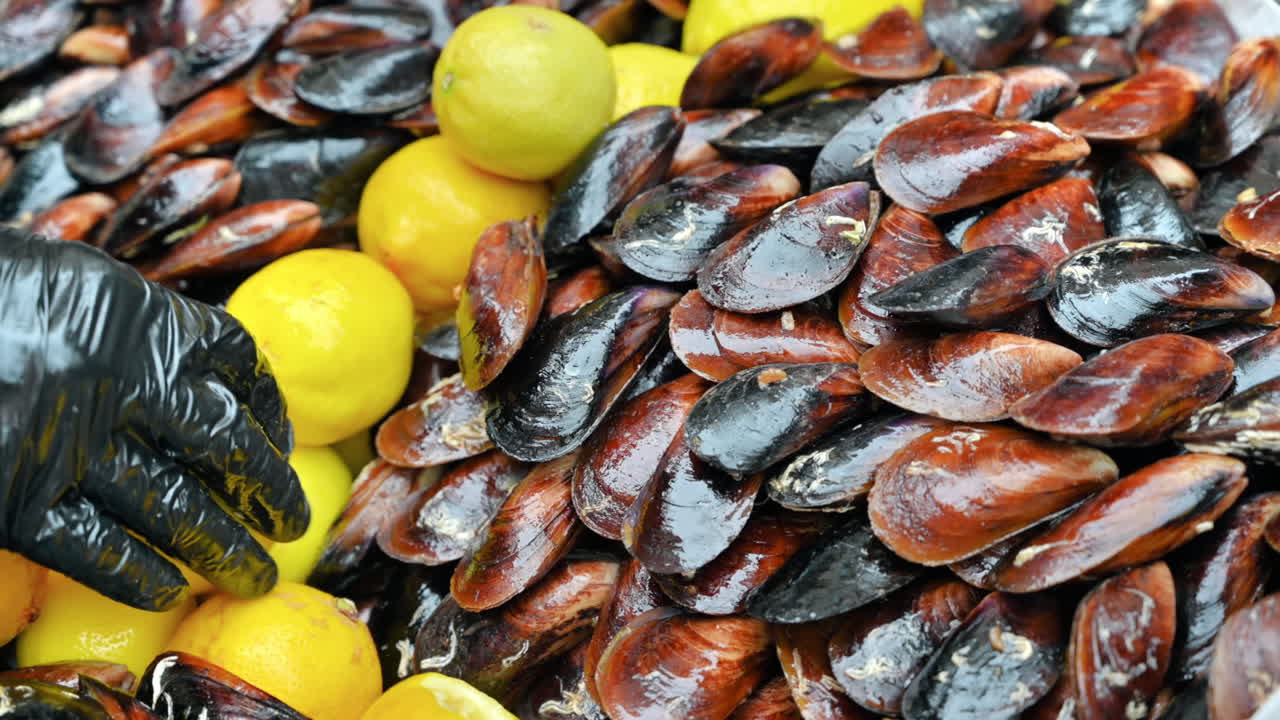 Nahaufnahme von frischen Muscheln und Zitronen auf der Theke in Istanbul, Türkei