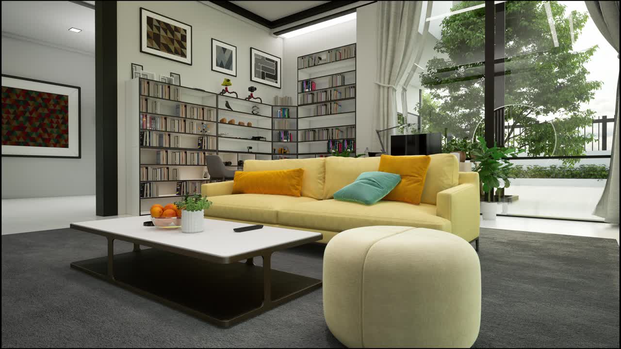 책장 이 있는 현대적 인 밝은 거실