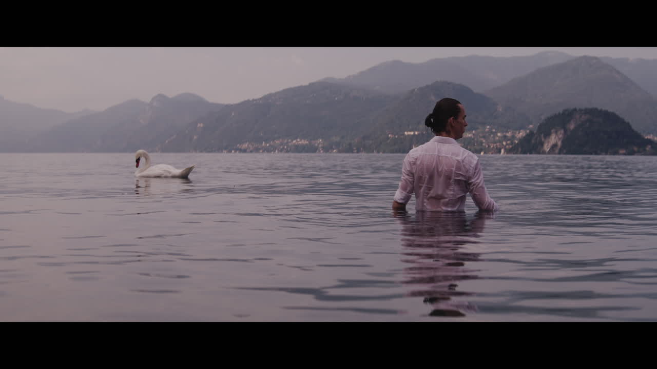 Man wading in a lake, swan in the background