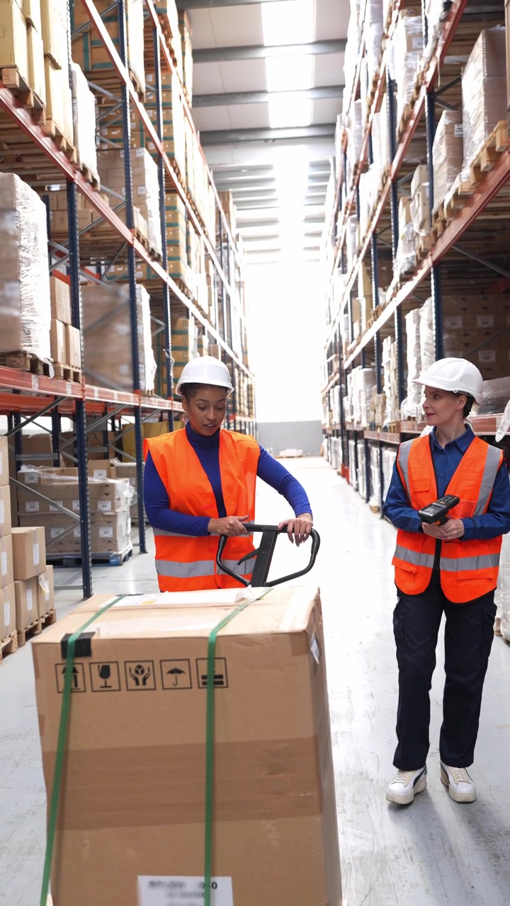 Warehouse Workers Moving Pallet with Hand Truck in Distribution Center