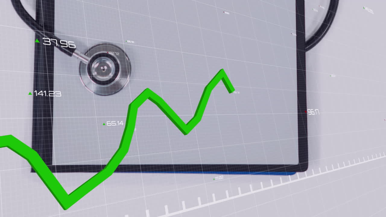 animación del gráfico de línea verde que muestra el progreso con números cambiantes sobre el estetoscopio y el portapapeles