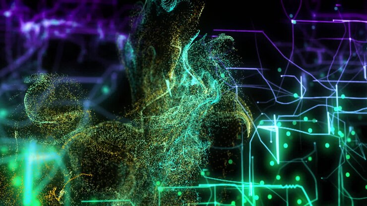 Animazione di elaborazione dati digitali su una rete luminosa di connessioni