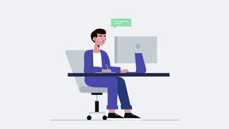 un personaje de dibujos animados en 2d trabajando en un escritorio de oficina