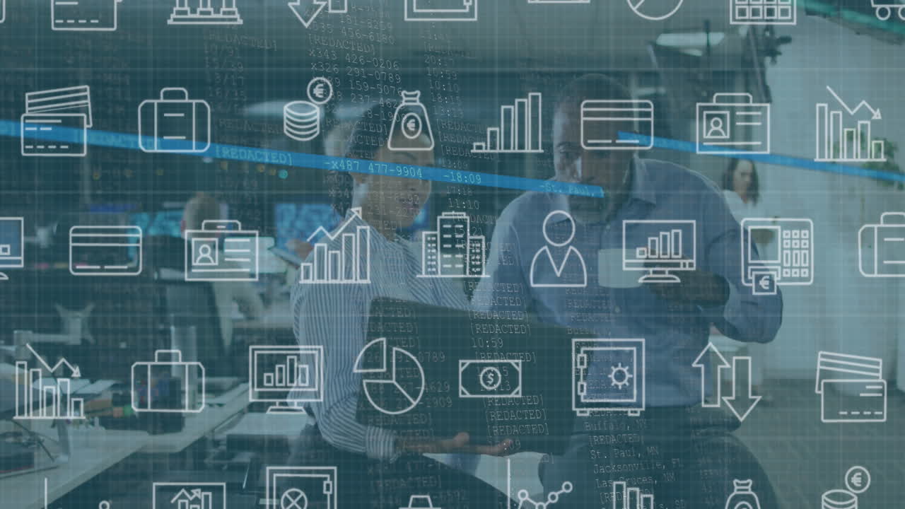 animación de múltiples iconos sobre diversos compañeros de trabajo discutiendo informes en la computadora portátil y bebiendo café