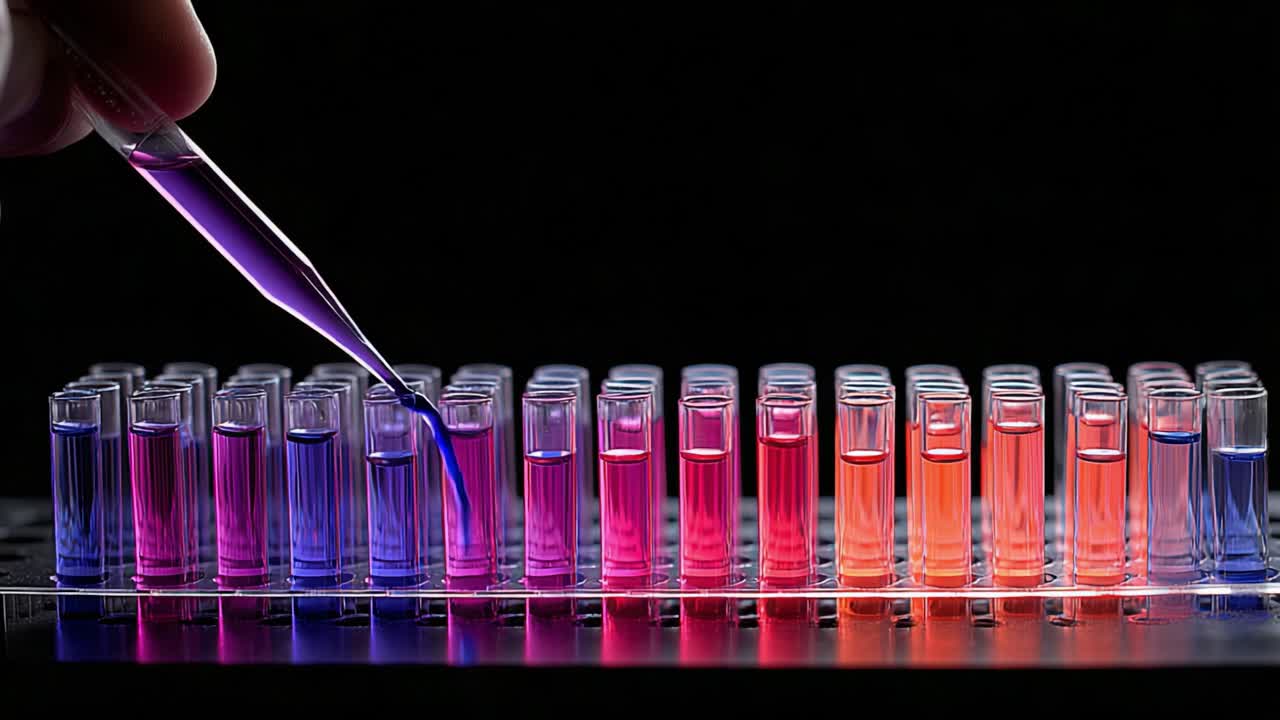 A Detailed Examination of Color Gradient in Test Tubes: Showcasing Variations from Purple to Red in a Laboratory Experiment with Pipetting Techniques