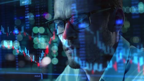 stock market trader working investment charts, graphs, ticker numbers projected on his face and reflecting in glasses. financial analyst, digital entrepreneur doing social trading with innovative app