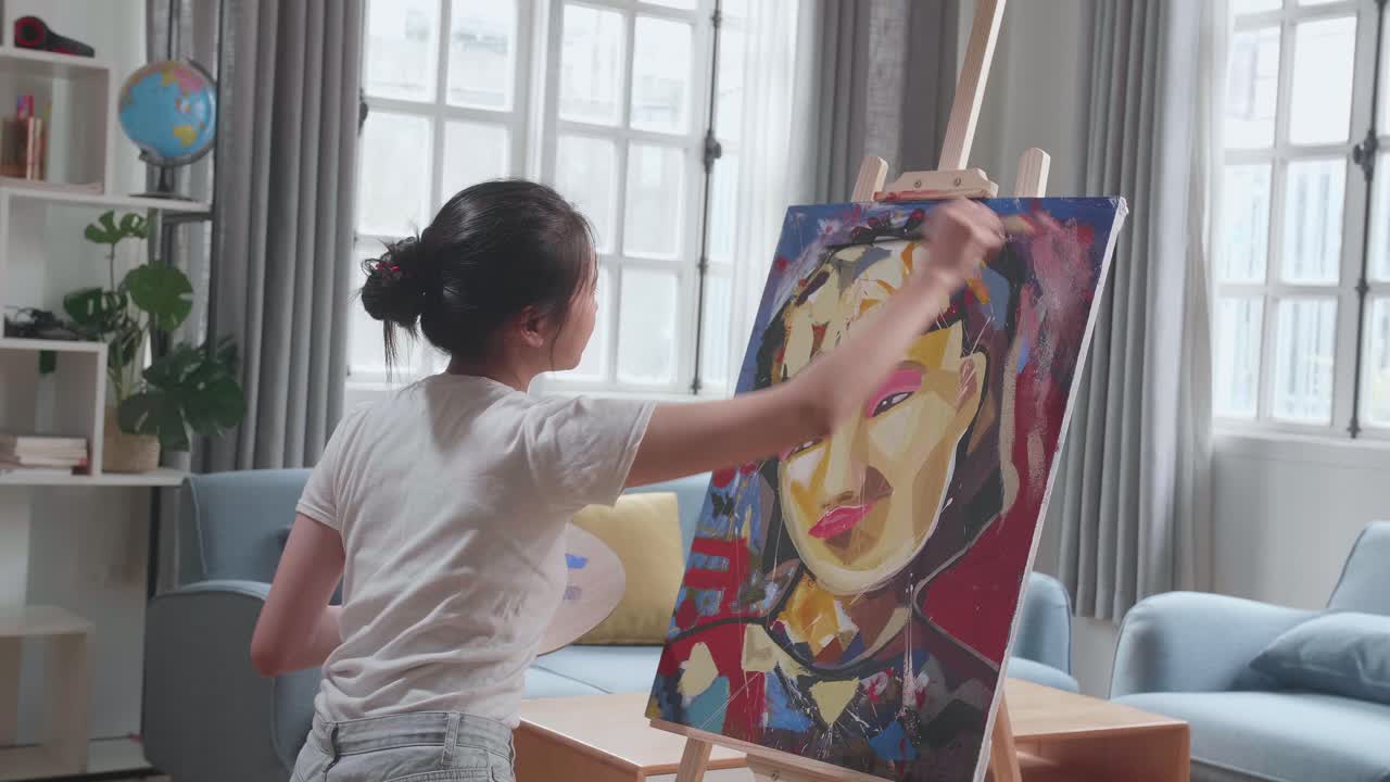 Girl Painting a Portrait in a Living Room