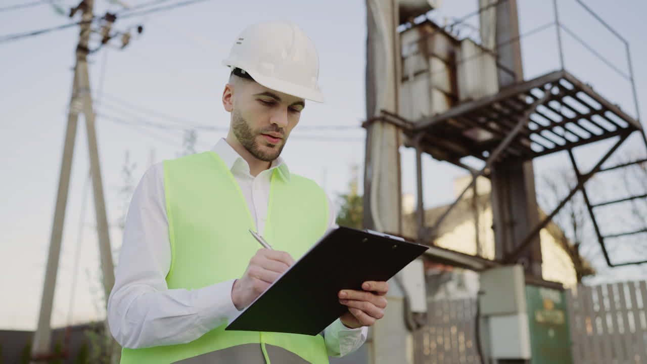 Engineer Inspecting Electrical Infrastructure with Clipboard