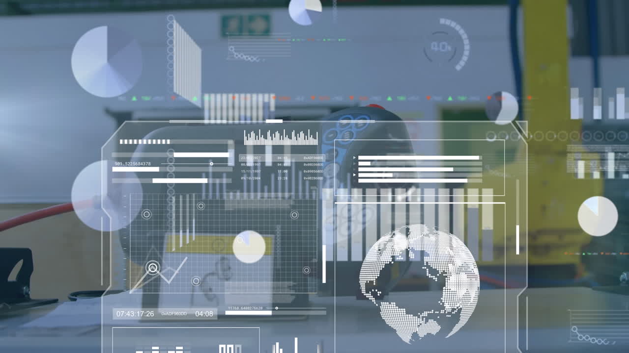 Animation of data processing on graphs and charts over computer and machinery in factory