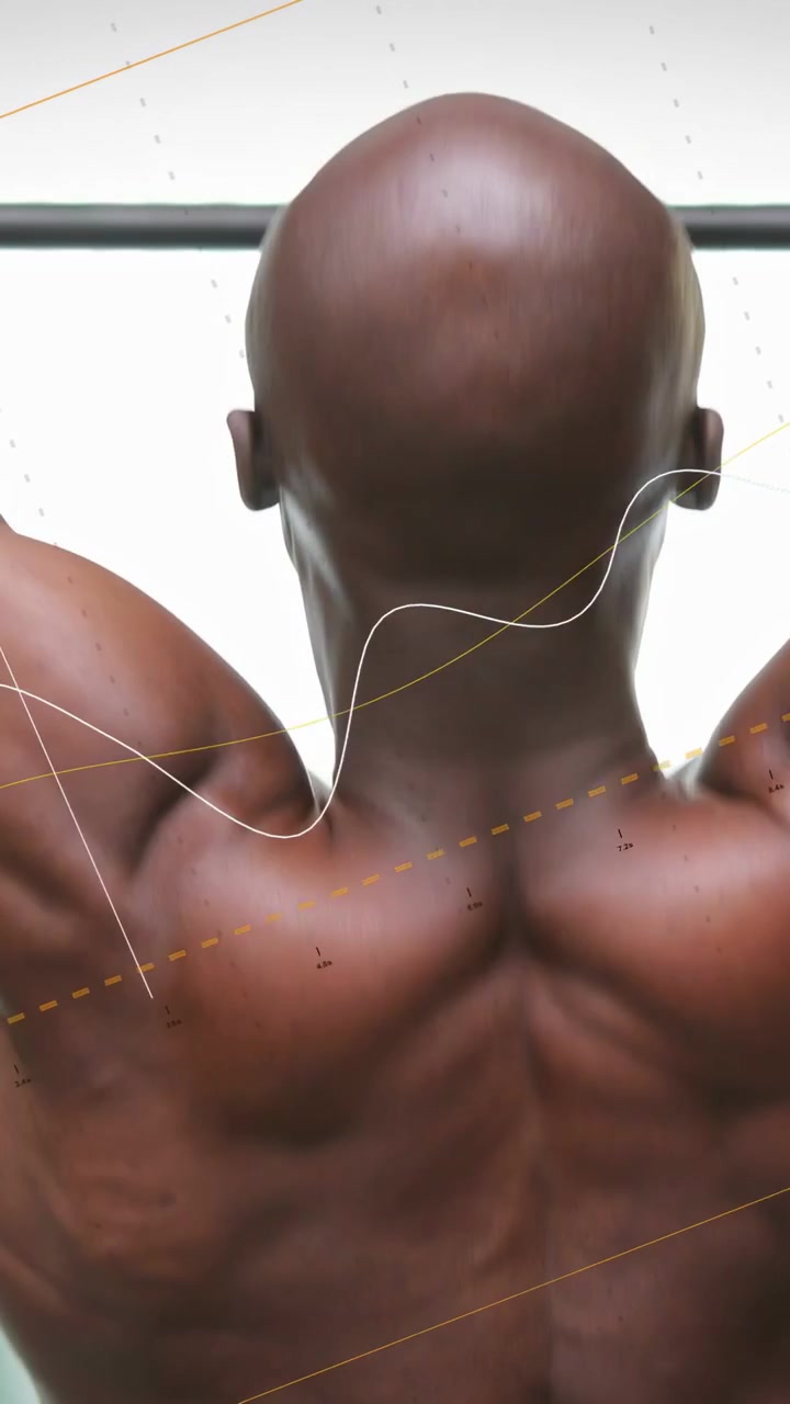 Video verticale: Uomo che afferra una sbarra, si tira su e mostra i dorsali con linee di movimento per il fitness.