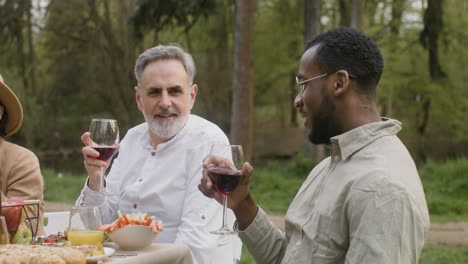 zwei freunde mittleren alters trinken rotwein, während sie während einer party im freien im park am tisch sitzen