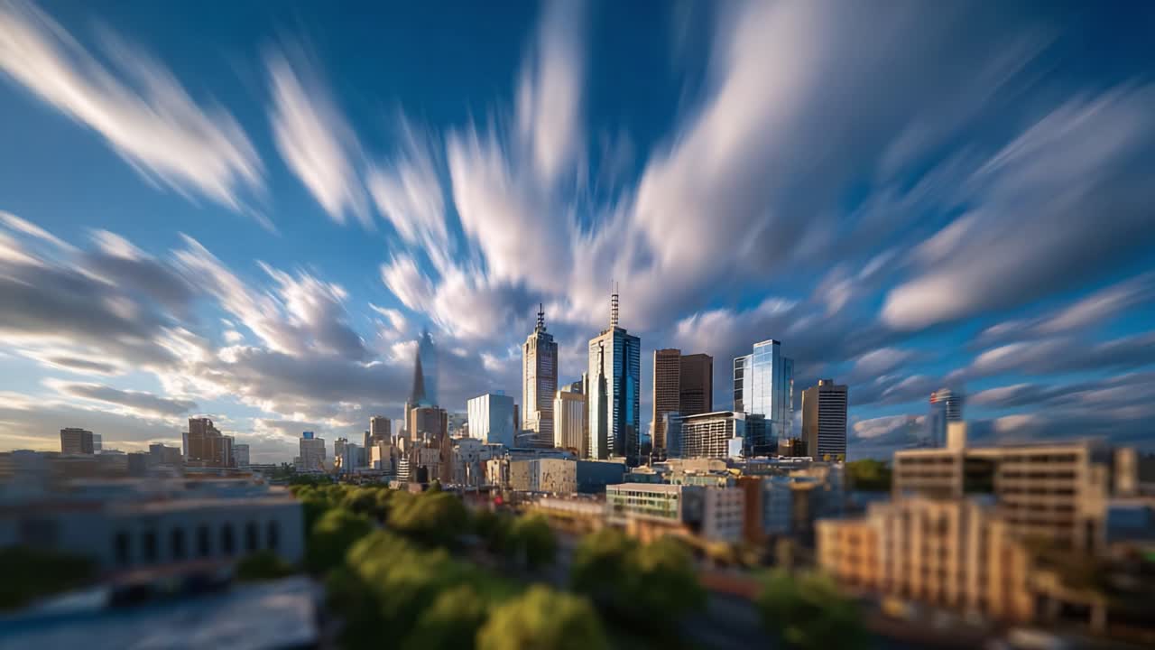 A Stunning Skyline Viewed at Twilight: Glorious City Structures Bathed in Soft Light as Colorful Clouds Grace the Evening Sky Above Urban Landscape